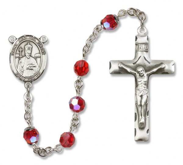 St. Leo the Great Sterling Silver Heirloom Rosary Squared Crucifix - Ruby Red