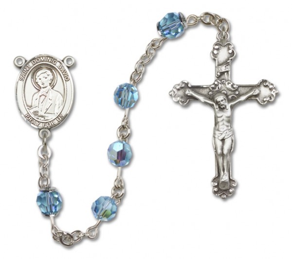 St. Dominic Savio Sterling Silver Heirloom Rosary Fancy Crucifix - Aqua