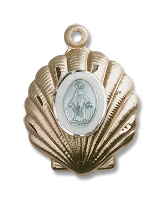 Shell with Blue Miraculous Medal Neclace - 14K Solid Gold