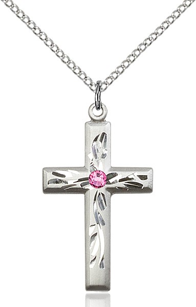 Squared Edge Cross with Vine Etching with Birthstone Options - Rose