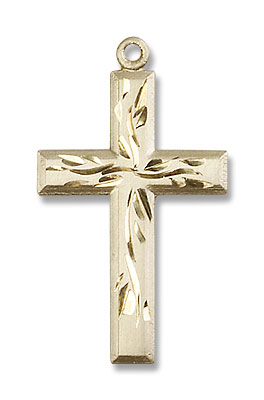 Women's Square Edge Cross with Vine Etching - 14K Solid Gold