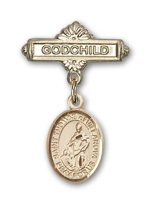 Pin Badge with St. Thomas of Villanova Charm and Godchild Badge Pin - 14K Solid Gold