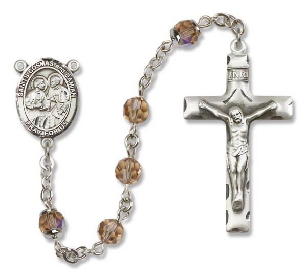 Saints Cosmas and Damian Sterling Silver Heirloom Rosary Squared Crucifix - Topaz