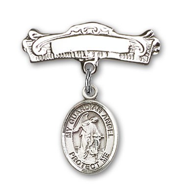 Pin Badge with Guardian Angel Charm and Arched Polished Engravable Badge Pin - Silver tone