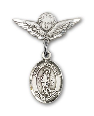 Pin Badge with St. Lazarus Charm and Angel with Smaller Wings Badge Pin - Silver tone