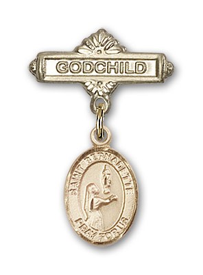 Pin Badge with St. Bernadette Charm and Godchild Badge Pin - Gold Tone