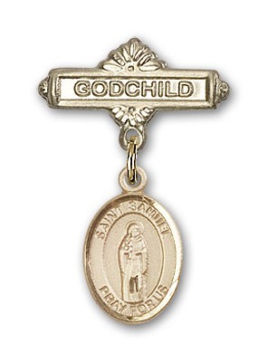 Pin Badge with St. Samuel Charm and Godchild Badge Pin - Gold Tone