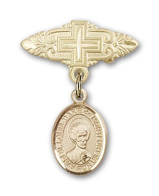 Pin Badge with St. Louis Marie de Montfort Charm and Badge Pin with Cross - 14K Solid Gold