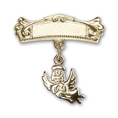 Baby Pin with Guardian Angel Charm and Arched Polished Engravable Badge Pin - Gold Tone