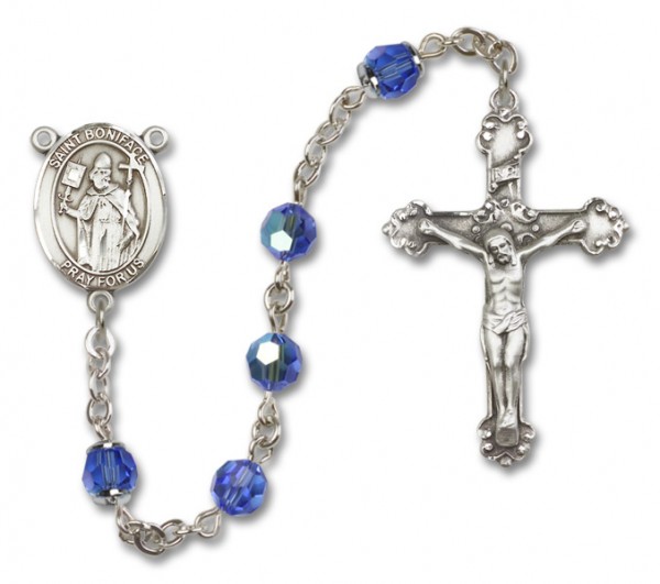 St. Boniface Sterling Silver Heirloom Rosary Fancy Crucifix - Sapphire