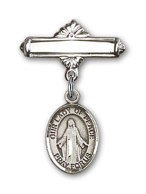 Pin Badge with Our Lady of Peace Charm and Polished Engravable Badge Pin - Silver tone