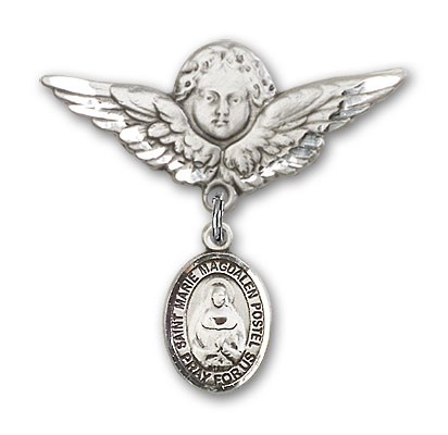 Pin Badge with Marie Magdalen Postel Charm and Angel with Larger Wings Badge Pin - Silver tone