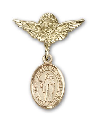 Pin Badge with St. Joseph the Worker Charm and Angel with Smaller Wings Badge Pin - 14K Solid Gold