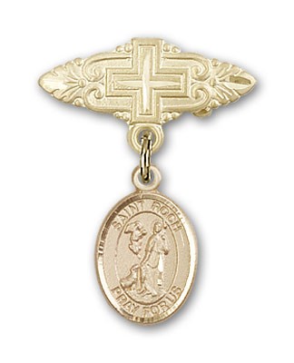 Pin Badge with St. Roch Charm and Badge Pin with Cross - Gold Tone