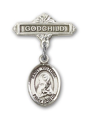Pin Badge with St. Victoria Charm and Godchild Badge Pin - Silver tone