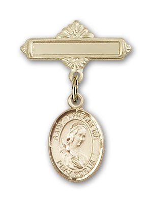 Pin Badge with St. Philomena Charm and Polished Engravable Badge Pin - Gold Tone