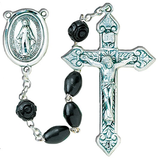Men's Rosary with Black Cocoa Beads in Silver / Sterling Silver - Black
