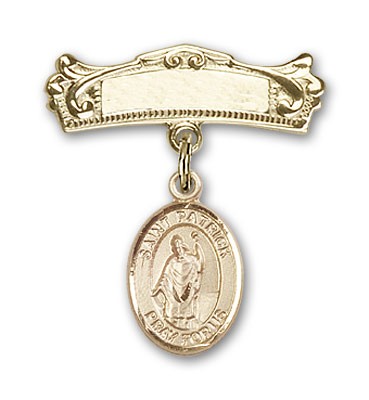 Pin Badge with St. Patrick Charm and Arched Polished Engravable Badge Pin - 14K Solid Gold