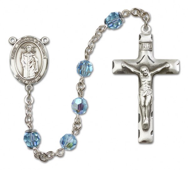 St. Thomas A Becket Sterling Silver Heirloom Rosary Squared Crucifix - Aqua