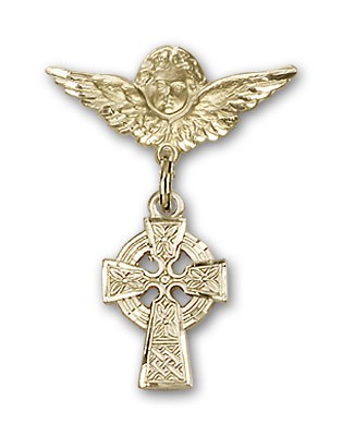 Pin Badge with Celtic Cross Charm and Angel with Smaller Wings Badge Pin - Gold Tone