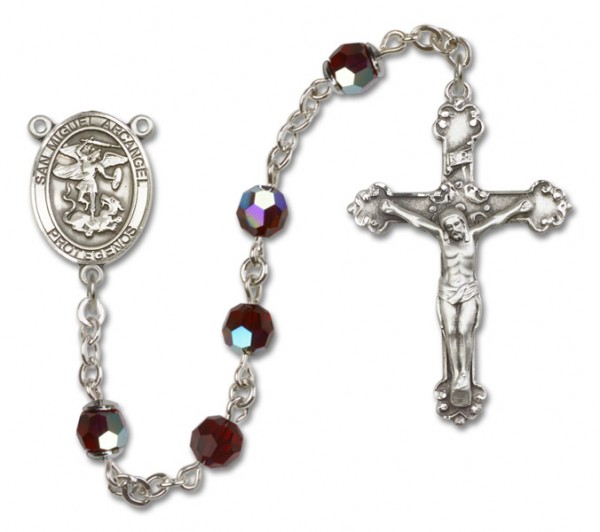 San Miguel the Archangel Sterling Silver Heirloom Rosary Fancy Crucifix - Garnet