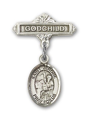 Pin Badge with St. Jerome Charm and Godchild Badge Pin - Silver tone