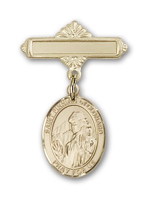 Pin Badge with St. Finnian of Clonard Charm and Polished Engravable Badge Pin - 14K Solid Gold