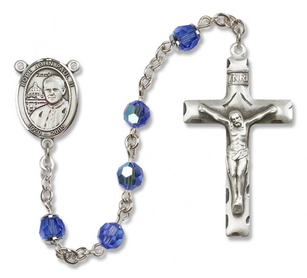 Pope John Paul II Sterling Silver Heirloom Rosary Squared Crucifix - Sapphire