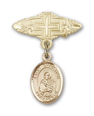 Pin Badge with St. Christian Demosthenes Charm and Badge Pin with Cross - Gold Tone