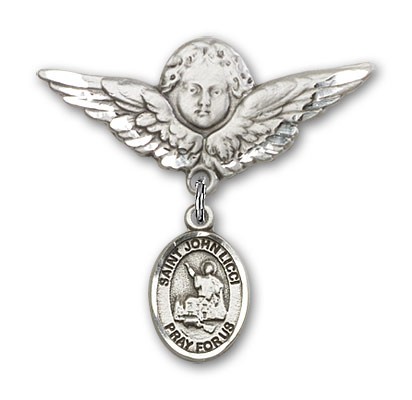Pin Badge with St. John Licci Charm and Angel with Larger Wings Badge Pin - Silver tone