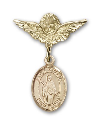 Pin Badge with St. Amelia Charm and Angel with Smaller Wings Badge Pin - Gold Tone