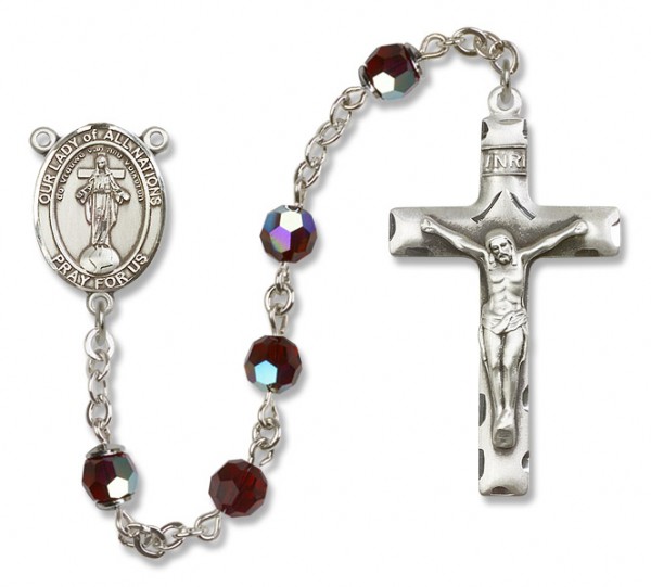 Our Lady of Nations Sterling Silver Heirloom Rosary Squared Crucifix - Garnet