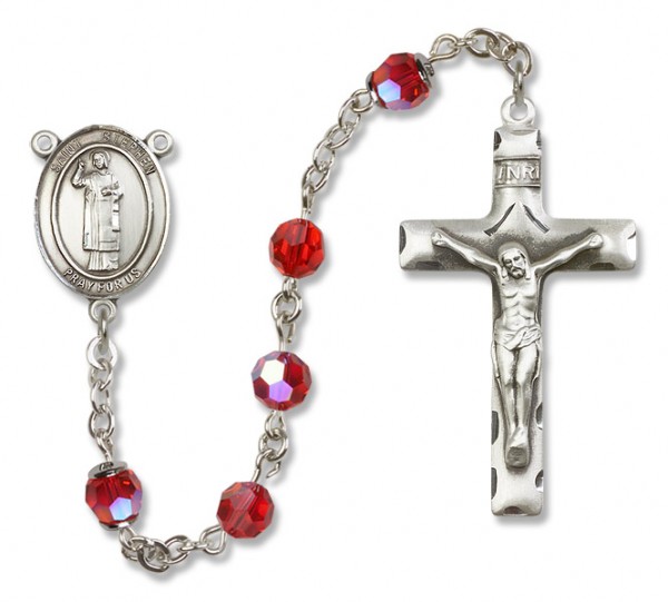 St. Stephen the Martyr Sterling Silver Heirloom Rosary Squared Crucifix - Ruby Red