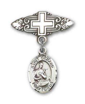 Pin Badge with St. Gerard Charm and Badge Pin with Cross - Silver tone
