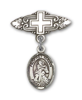 Pin Badge with St. Isaiah Charm and Badge Pin with Cross - Silver tone