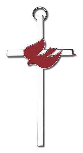 Holy Spirit Wall Cross with Red Dove 4&quot; - Silver tone