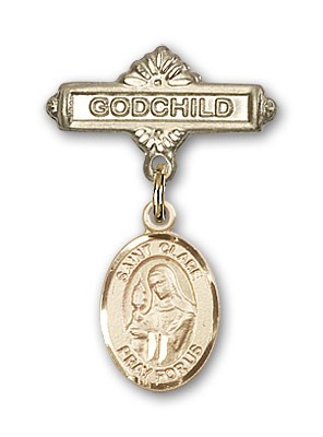 Pin Badge with St. Clare of Assisi Charm and Godchild Badge Pin - Gold Tone