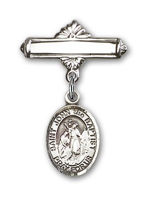 Pin Badge with St. John the Baptist Charm and Polished Engravable Badge Pin - Silver tone