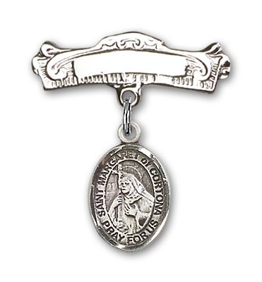 Pin Badge with St. Margaret of Cortona Charm and Arched Polished Engravable Badge Pin - Silver tone