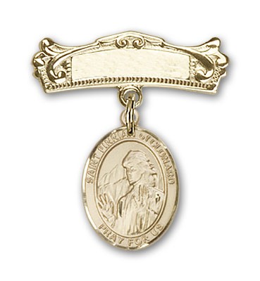 Pin Badge with St. Finnian of Clonard Charm and Arched Polished Engravable Badge Pin - 14K Solid Gold