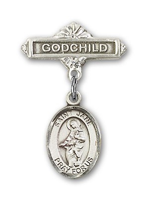 Pin Badge with St. Jane of Valois Charm and Godchild Badge Pin - Silver tone