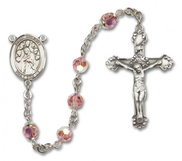 St. Felicity Sterling Silver Heirloom Rosary Fancy Crucifix - Light Rose