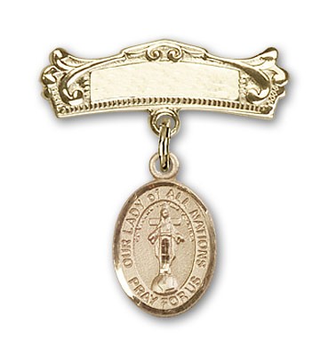 Pin Badge with Our Lady of All Nations Charm and Arched Polished Engravable Badge Pin - 14K Solid Gold