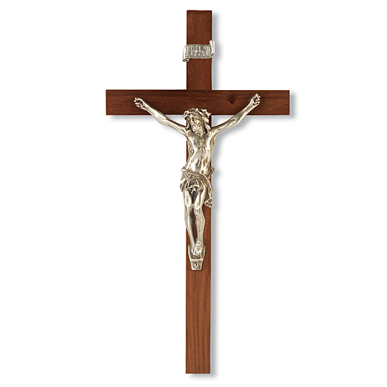 Slimline Walnut Wood Wall Crucifix - 9 inch - Brown