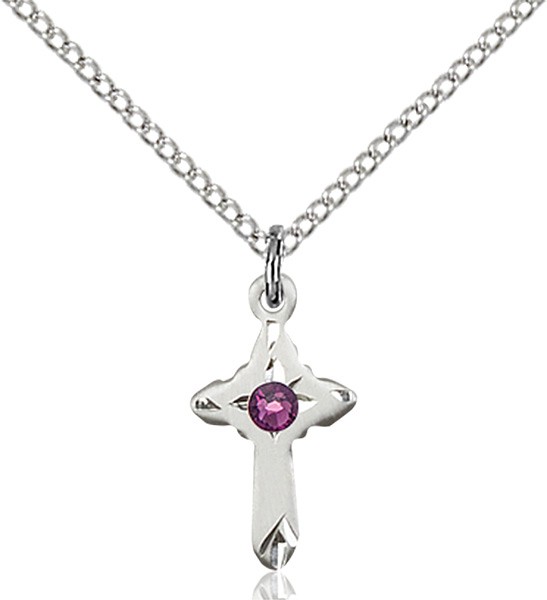 Child's Pointed Edge Cross Pendant with Birthstone Options - Amethyst