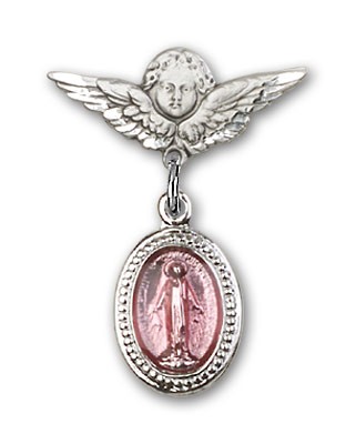 Baby Pin with Pink Miraculous Charm and Angel with Smaller Wings Badge Pin - Silver | Pink