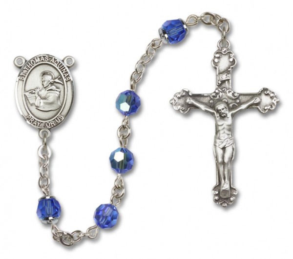 St. Thomas Aquinas Sterling Silver Heirloom Rosary Fancy Crucifix - Sapphire