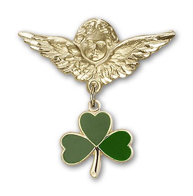 Pin Badge with Shamrock Charm and Angel with Larger Wings Badge Pin - Gold Tone