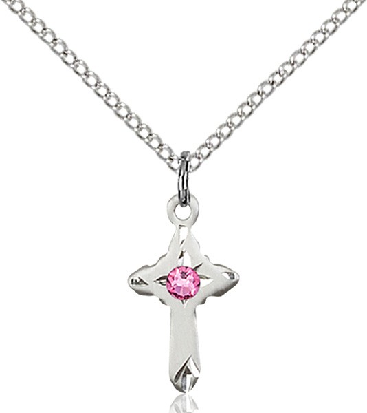 Child's Pointed Edge Cross Pendant with Birthstone Options - Rose