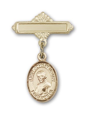 Pin Badge with St. John Neumann Charm and Polished Engravable Badge Pin - 14K Solid Gold